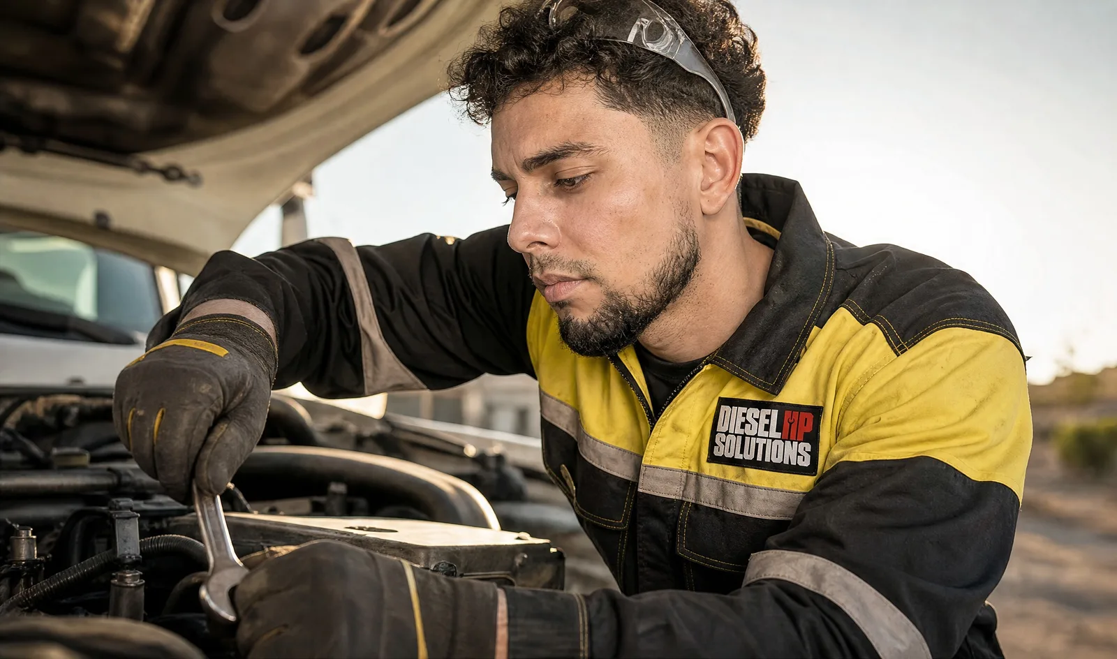 Diesel HP Solutions technician tightening a bolt under the hood on a roadside call