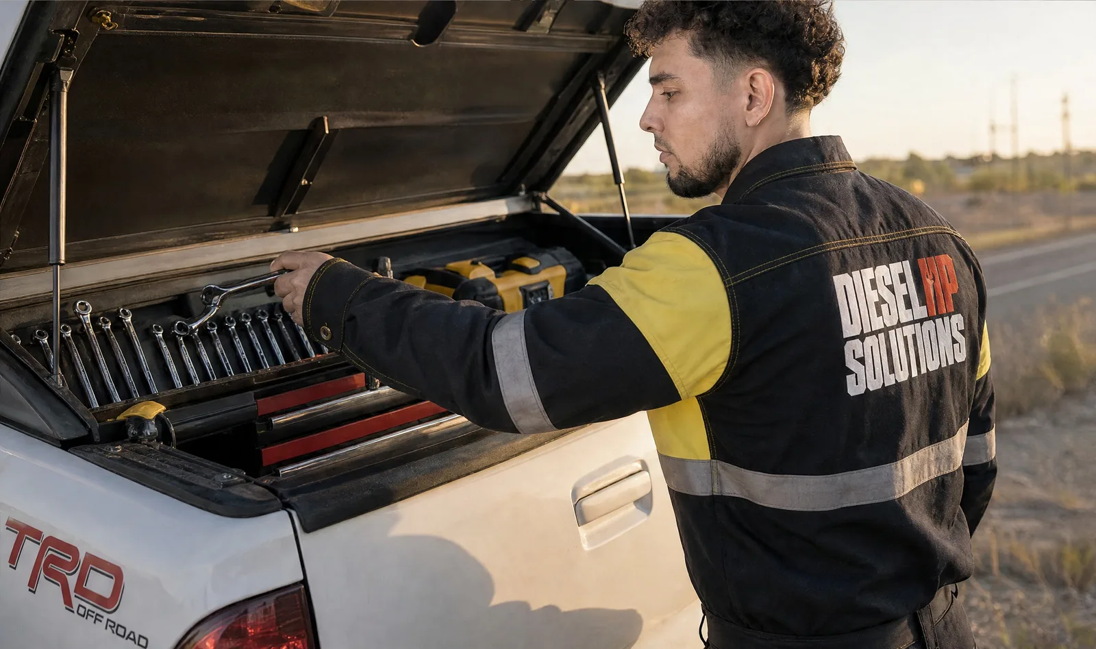 Diesel HP Solutions technician grabbing tools from the service truck bed toolbox